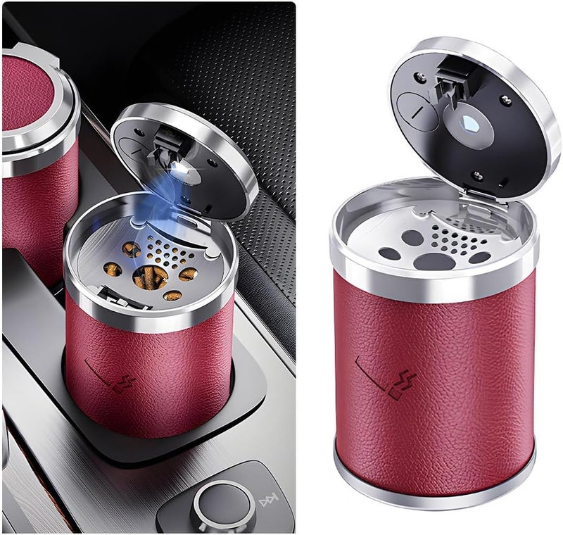 Wevdn Car Ashtray with Lid, Detachable & Portable Stainless Steel Smokeless Ashtrays for Car, Mini Universal Smell Proof Windproof Car Ashtray with LED Blue Light, Car Accessories (Red) - Image 1